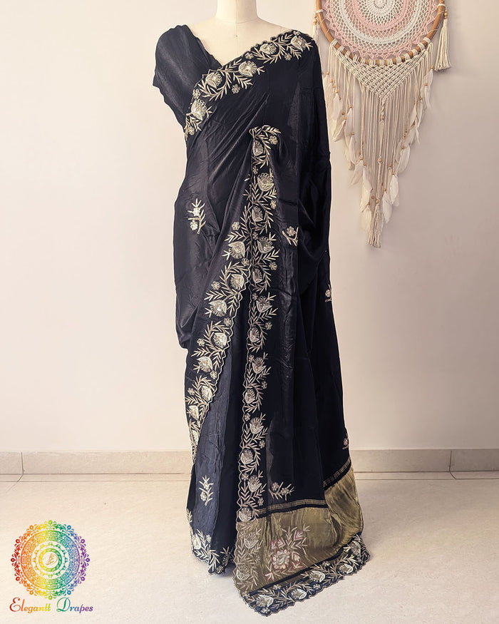 Black Gaji silk dabka handwork saree drape view
