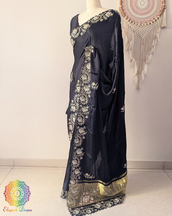 Black Gaji silk dabka handwork saree palla view