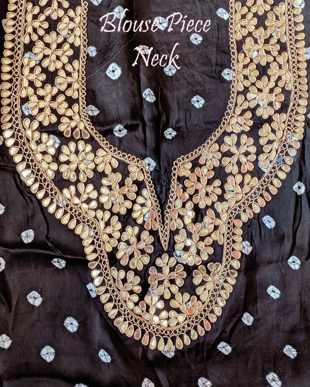 Black gaji silk bandhani saree blouse neck with matching gota patti and marodi work