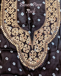 Black gaji silk bandhani saree blouse neck with matching gota patti and marodi work