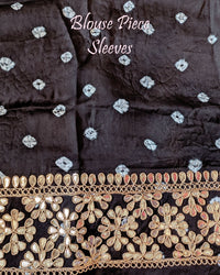 Black gaji silk bandhani saree blouse sleeves with matching gota patti and marodi work