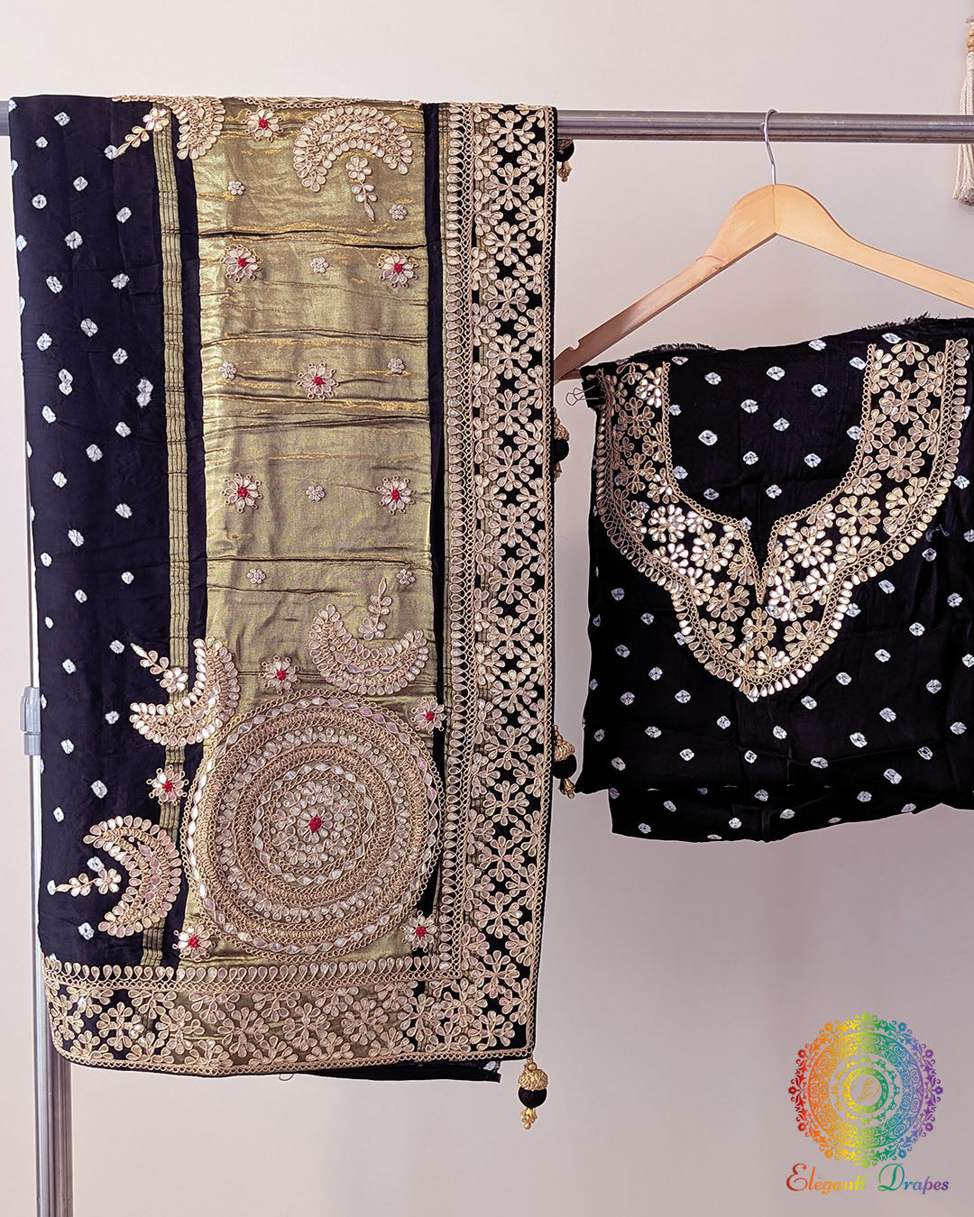 Black gaji silk bandhani saree border with gota patti and marodi embroidery