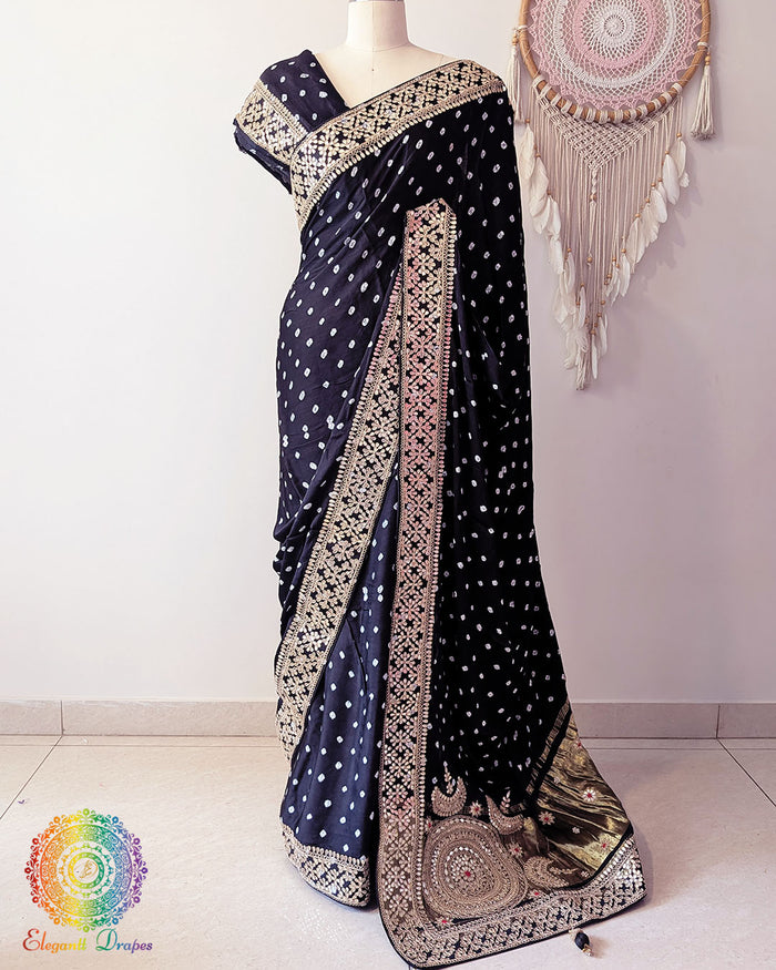 Black gaji silk bandhani saree with gota patti and marodi handwork Elegantt Drapes