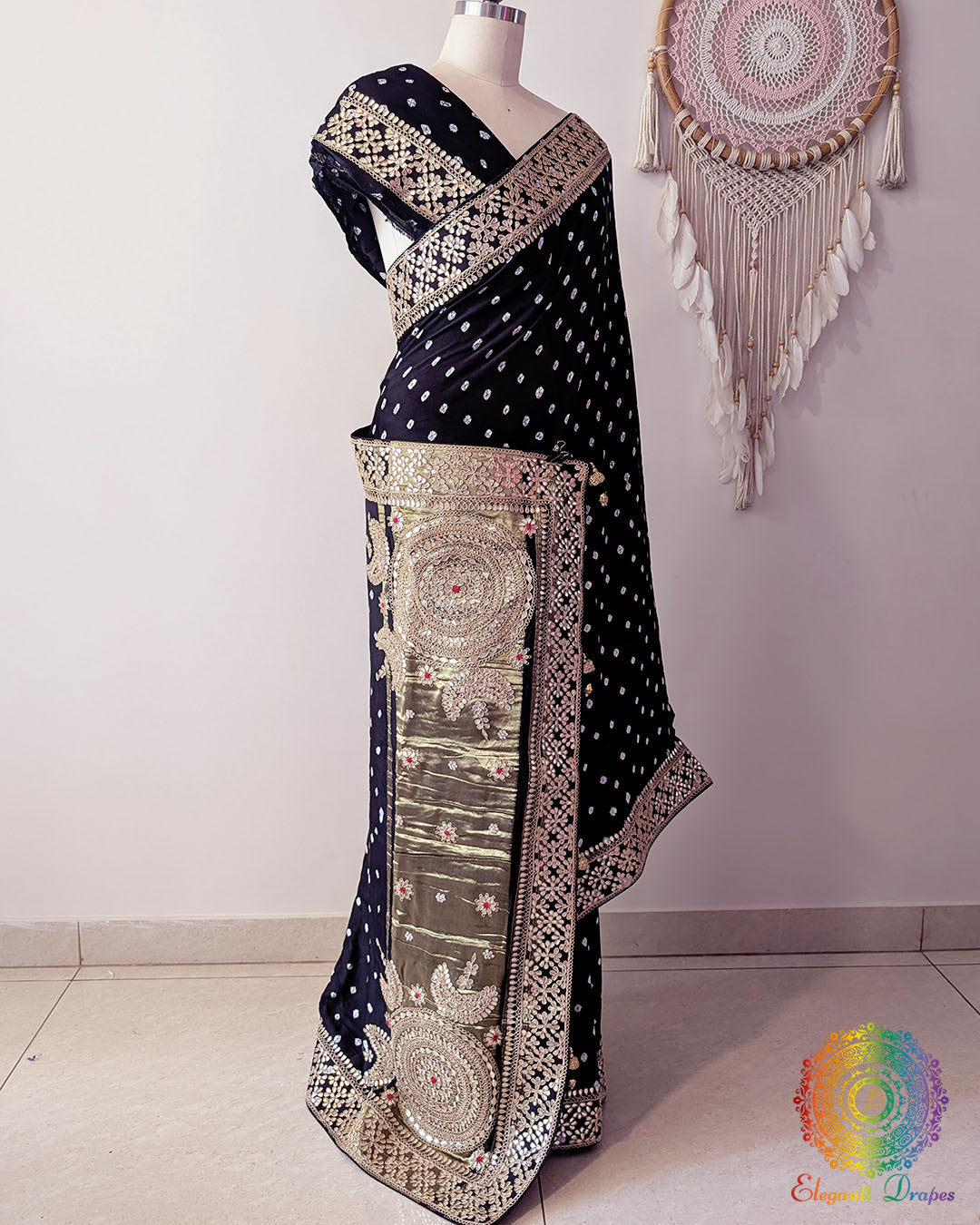 Black bandhani gaji silk saree showing full drape and handwork details