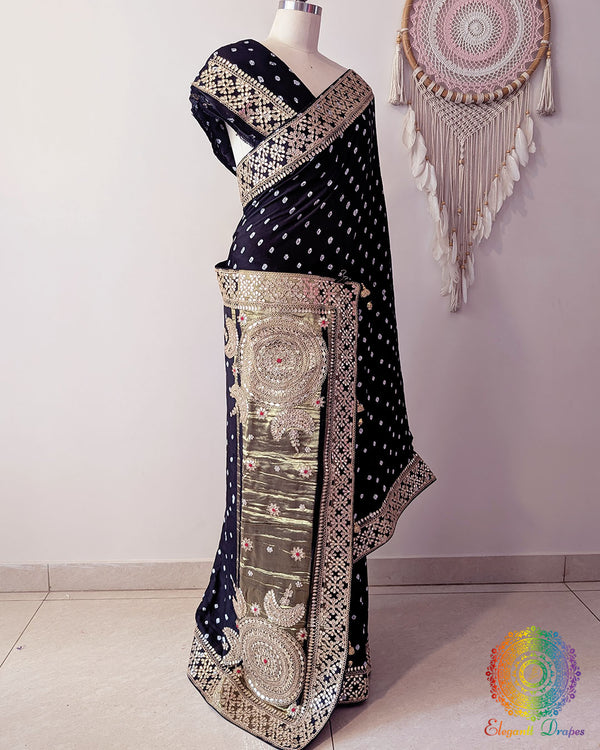 Black bandhani gaji silk saree showing full drape and handwork details
