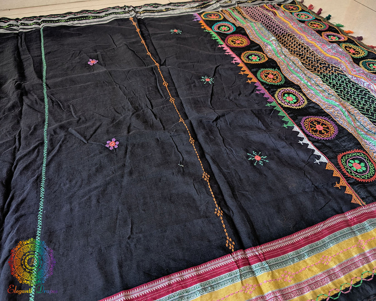 Black Ilkal cotton saree with Lambani hand embroidery and heavily embroidered palla