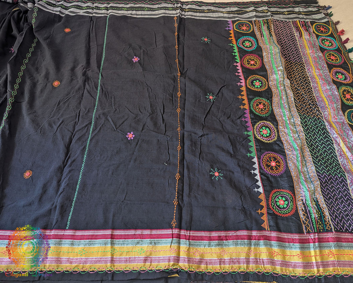 Full black Ilkal cotton saree showcasing traditional Lambani hand embroidery