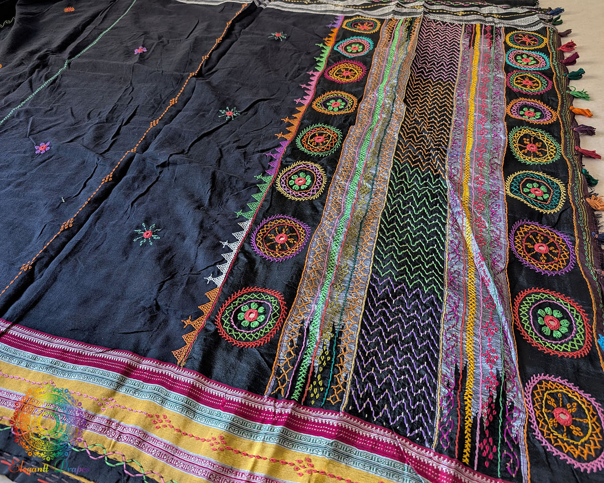 Black Ilkal cotton saree with Lambani hand embroidery and heavily embroidered palla