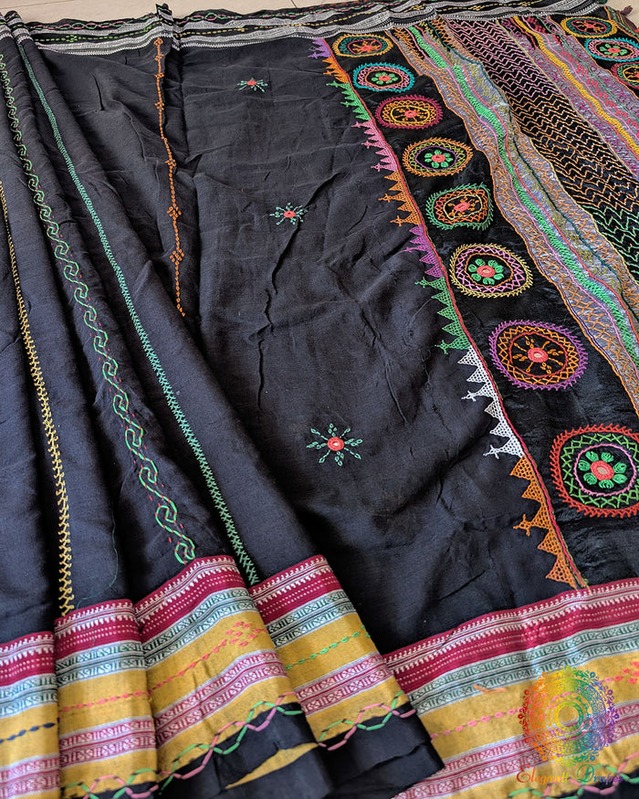 Black Ilkal cotton fabric showcasing woven texture and handcrafted embroidery