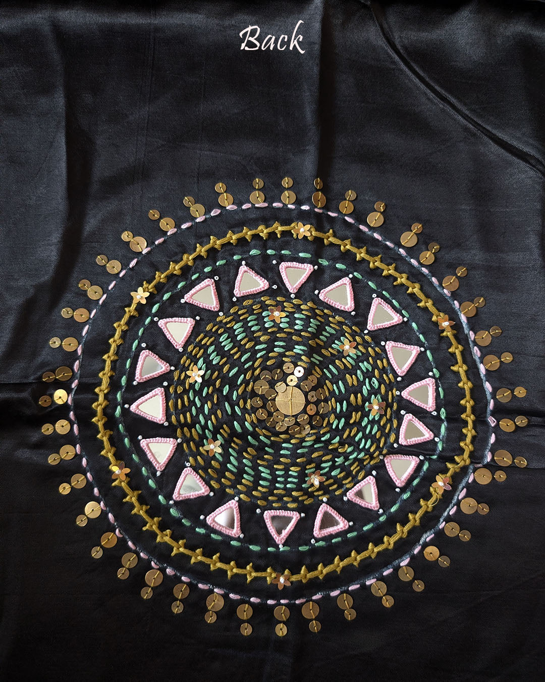 Back View of Black Mashru Silk Kutch Embroidery Blouse Piece