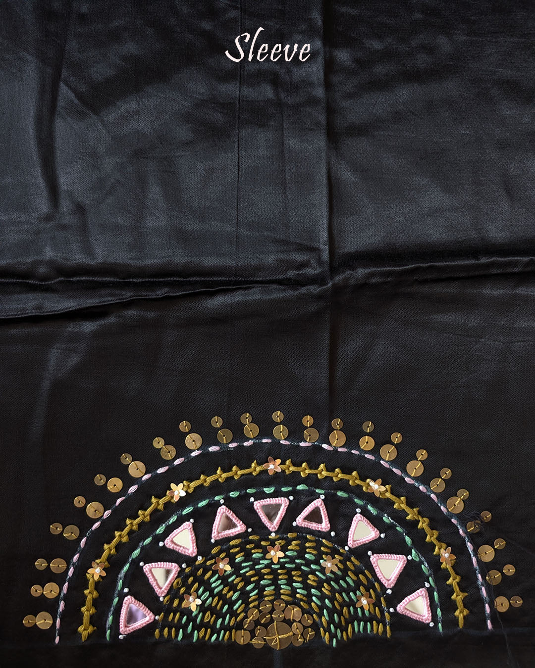 Sleeve Detail of Black Mashru Silk Blouse with Kutch Embroidery, Mirrors and Sequins