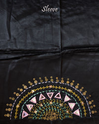 Sleeve Detail of Black Mashru Silk Blouse with Kutch Embroidery, Mirrors and Sequins