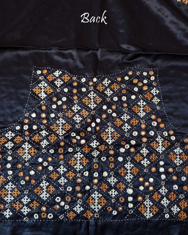 Close-up of heavy Kutch hand embroidery on Black Mashru Silk Blouse Piece back