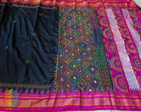 Black pink Ilkal silk saree with Lambani handwork open view