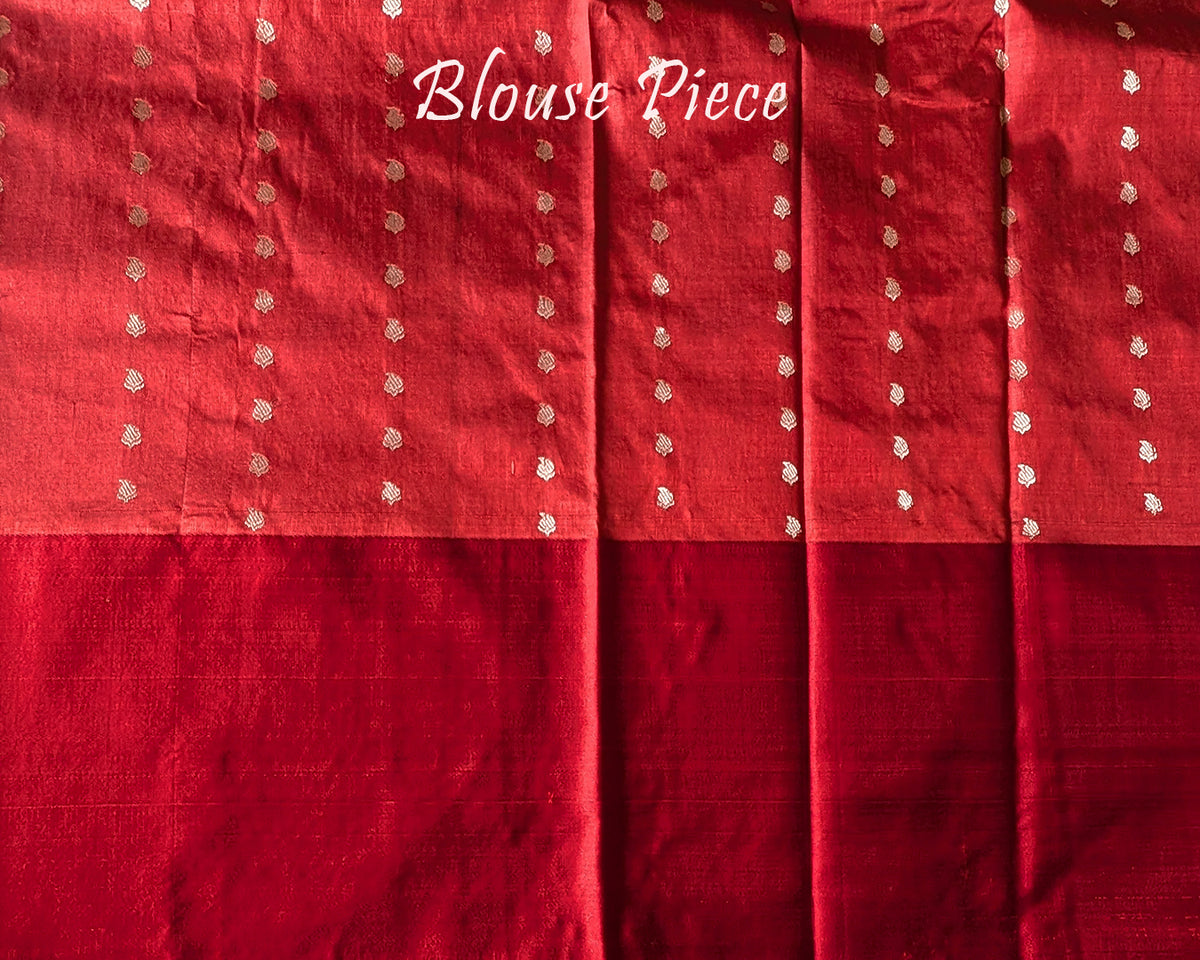 Matching blouse piece in black red Banarasi Katan silk fabric showing woven detailing