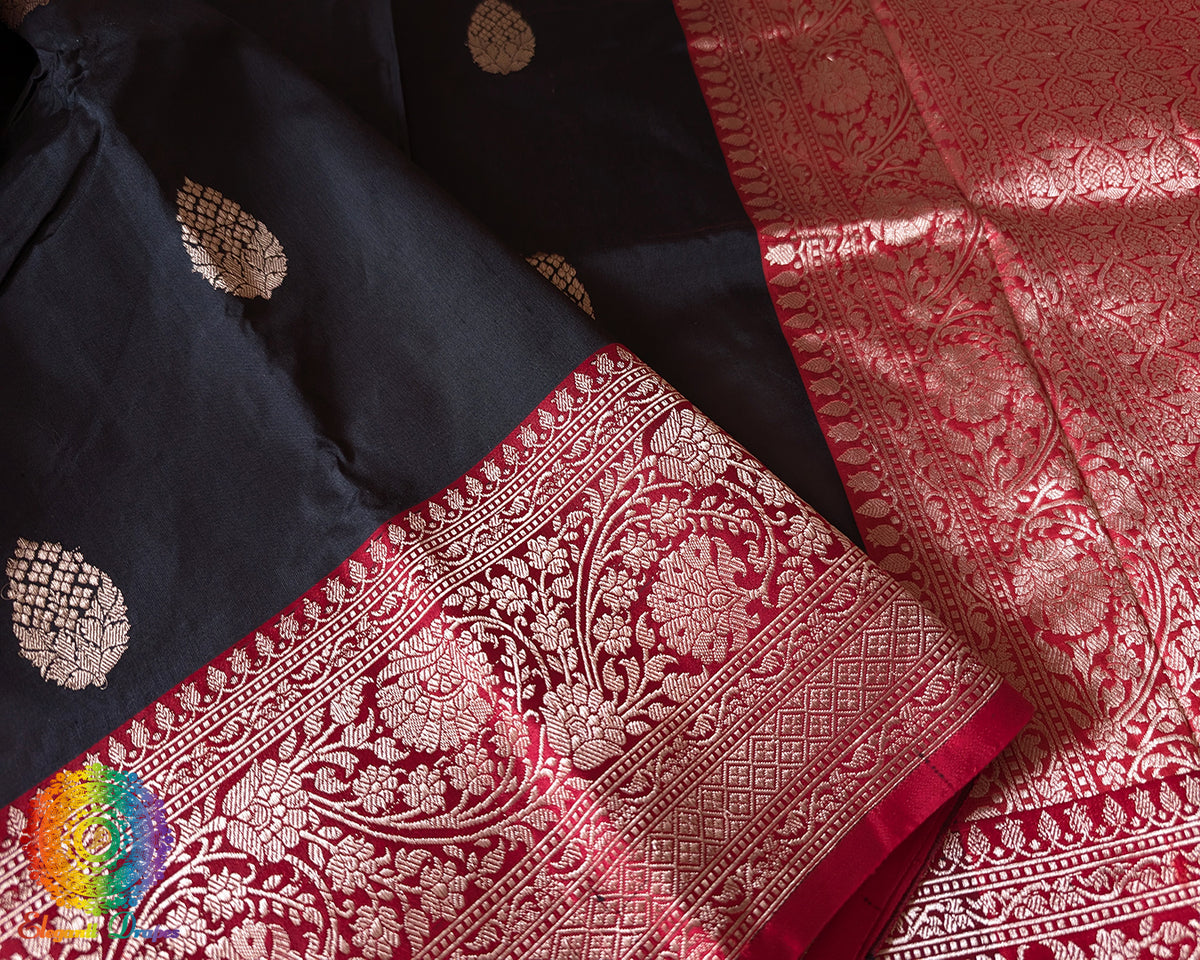 Traditional woven border detail on black Banarasi Katan silk saree