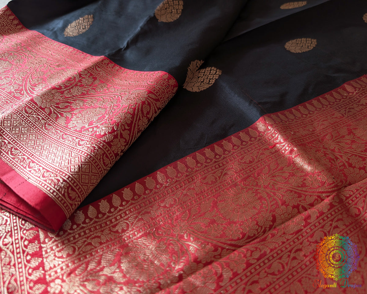 Detailed view of Banarasi woven border on black red Katan silk saree