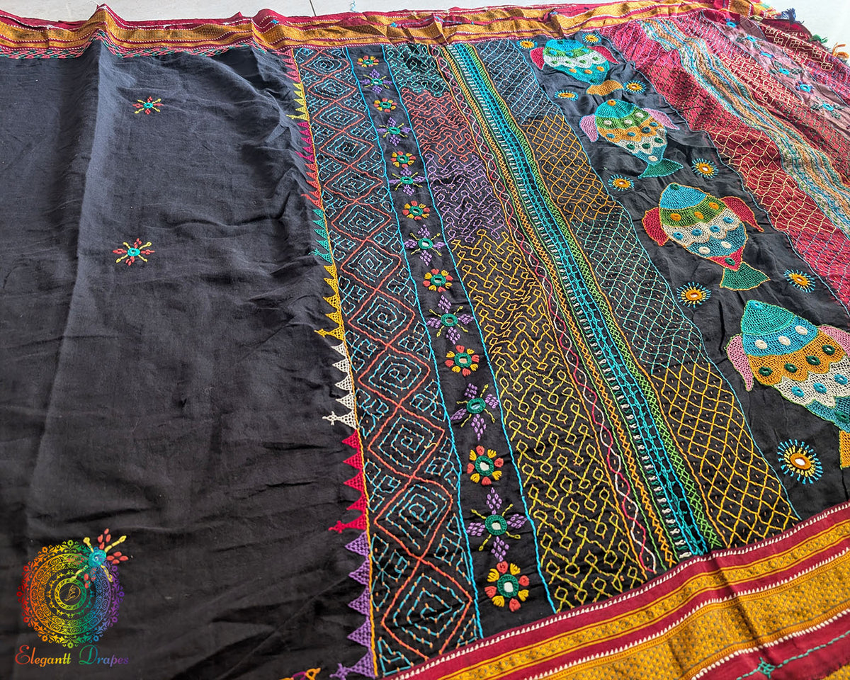 Palla detail of Black Red Ilkal Cotton Saree with Lambani embroidery