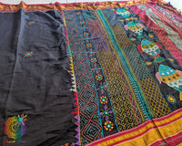 Palla detail of Black Red Ilkal Cotton Saree with Lambani embroidery