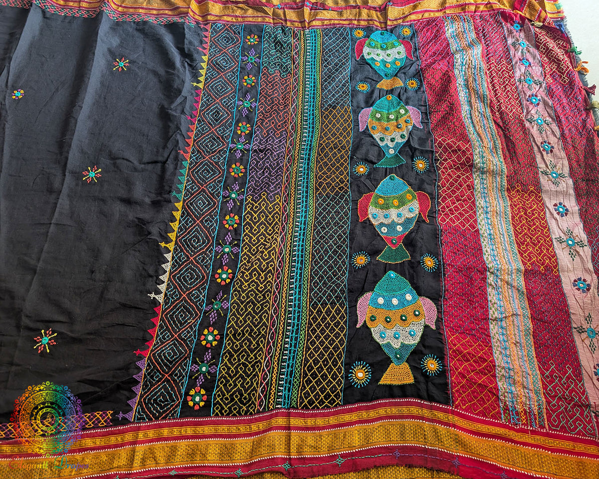 Close-up of red and golden woven pallu on Black Red Ilkal Cotton Saree