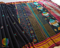 Black Red Ilkal Cotton Saree palla view with red and golden woven detailing