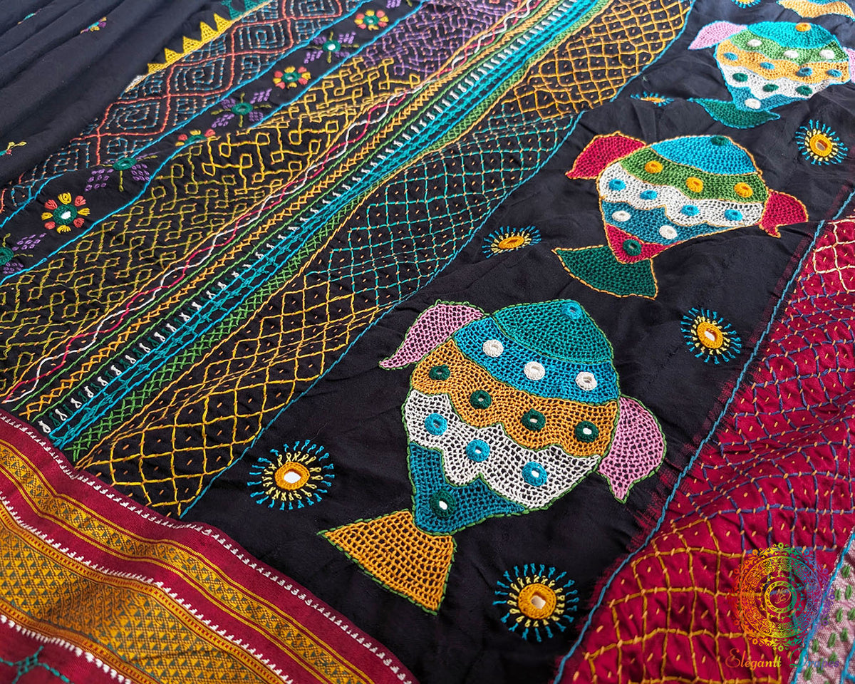 Close-up of traditional Lambani motifs on Black Ilkal Cotton Saree