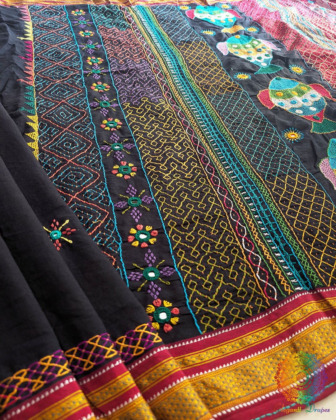 Plain black Ilkal Cotton Saree with Lambani hand embroidery