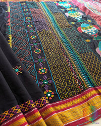 Plain black Ilkal Cotton Saree with Lambani hand embroidery