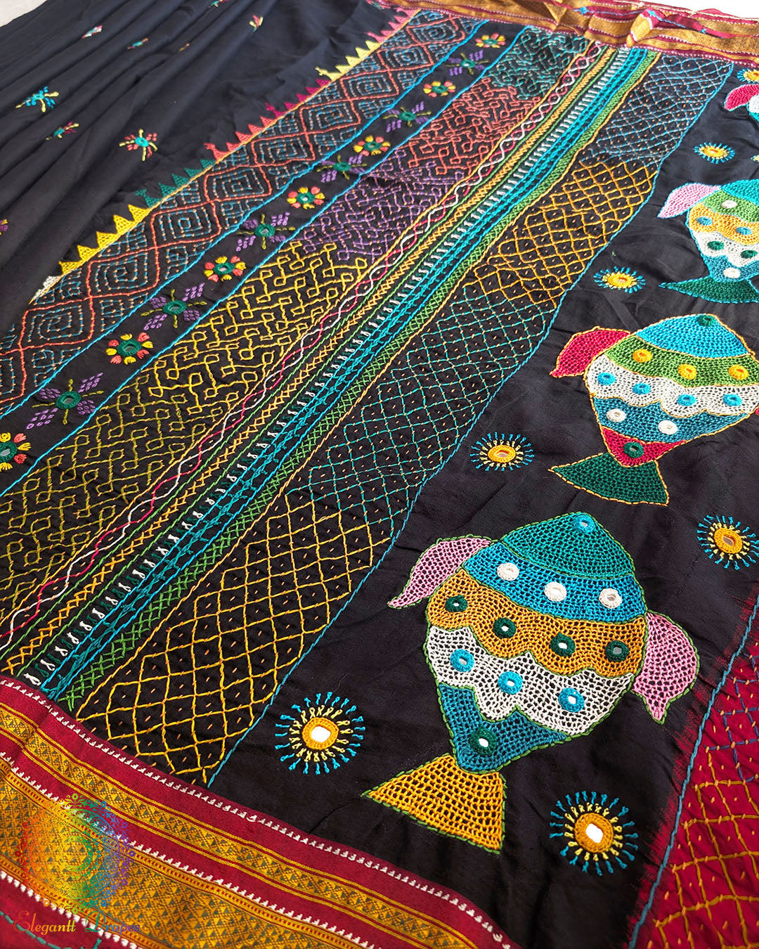 Black Red Ilkal Cotton Saree with Lambani Hand Embroidery