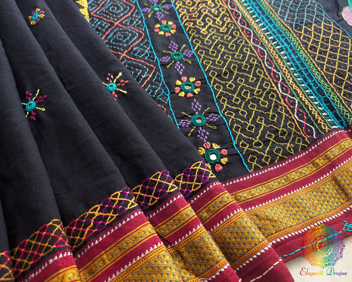 Detailed Lambani embroidered motifs on Black Red Ilkal Cotton Saree