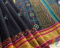 Detailed Lambani embroidered motifs on Black Red Ilkal Cotton Saree