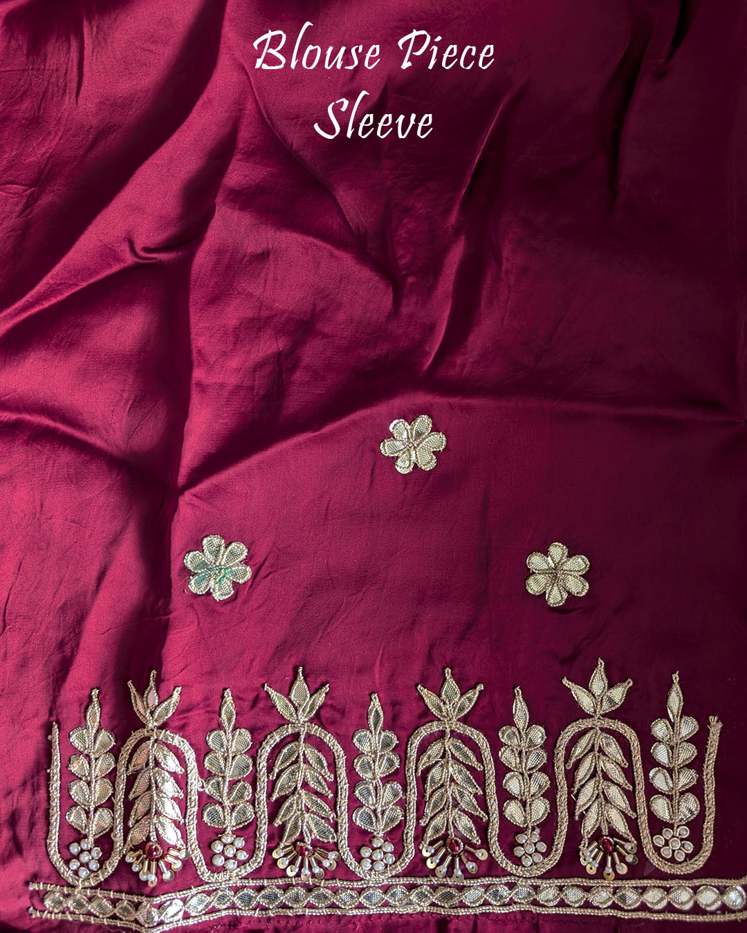 Maroon blouse sleeve with Gota Patti Handwork for Black Satin Crepe Saree
