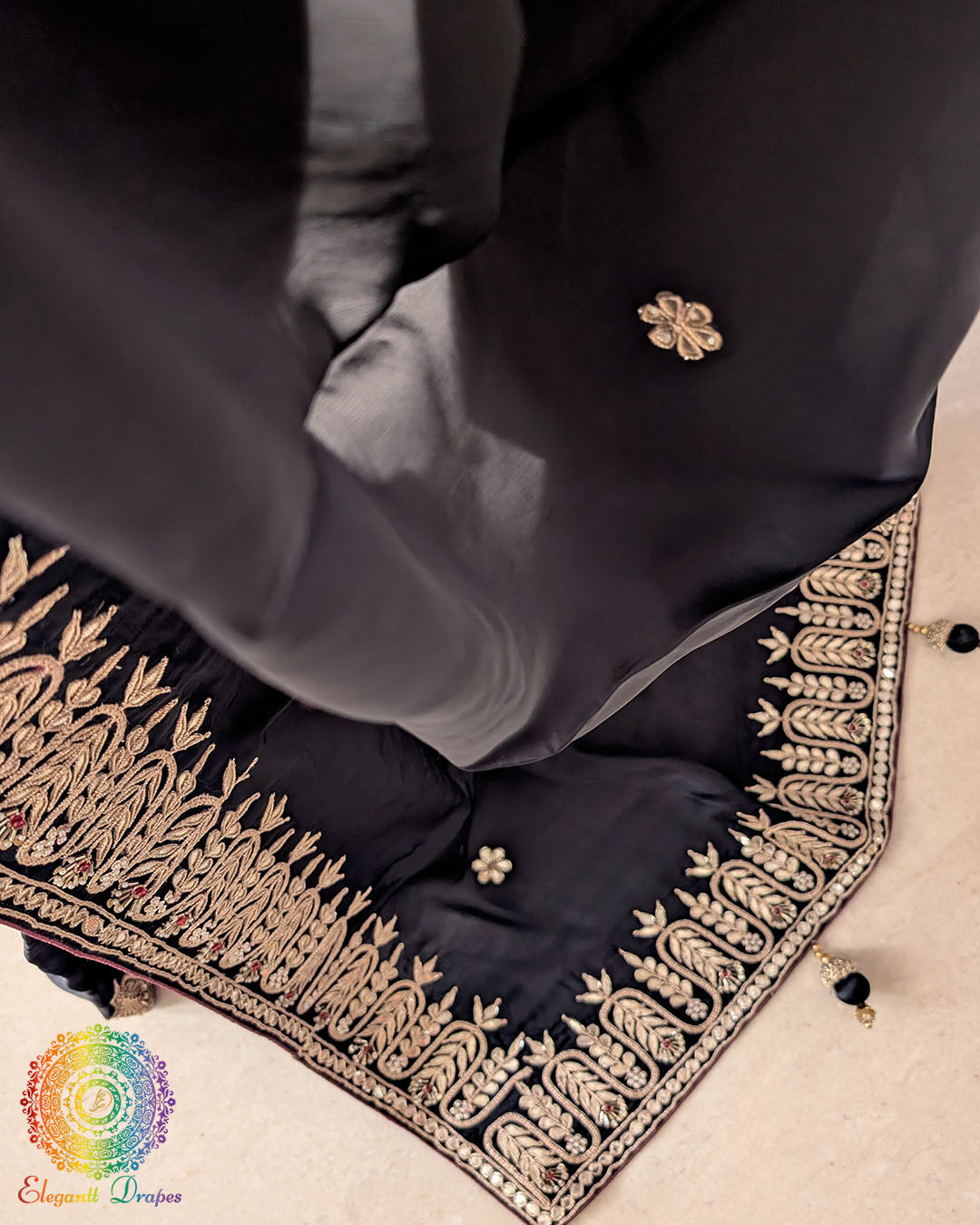 Close-up of Gota Patti and Sequin Handwork motifs on Black Satin Crepe Saree