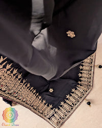 Close-up of Gota Patti and Sequin Handwork motifs on Black Satin Crepe Saree