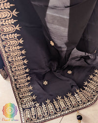 Close-up of Gota Patti and Sequin Handwork motifs on Black Satin Crepe Saree