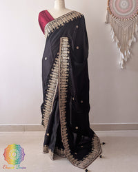 Black Satin Crepe Saree pallu drape with Gota Patti Handwork