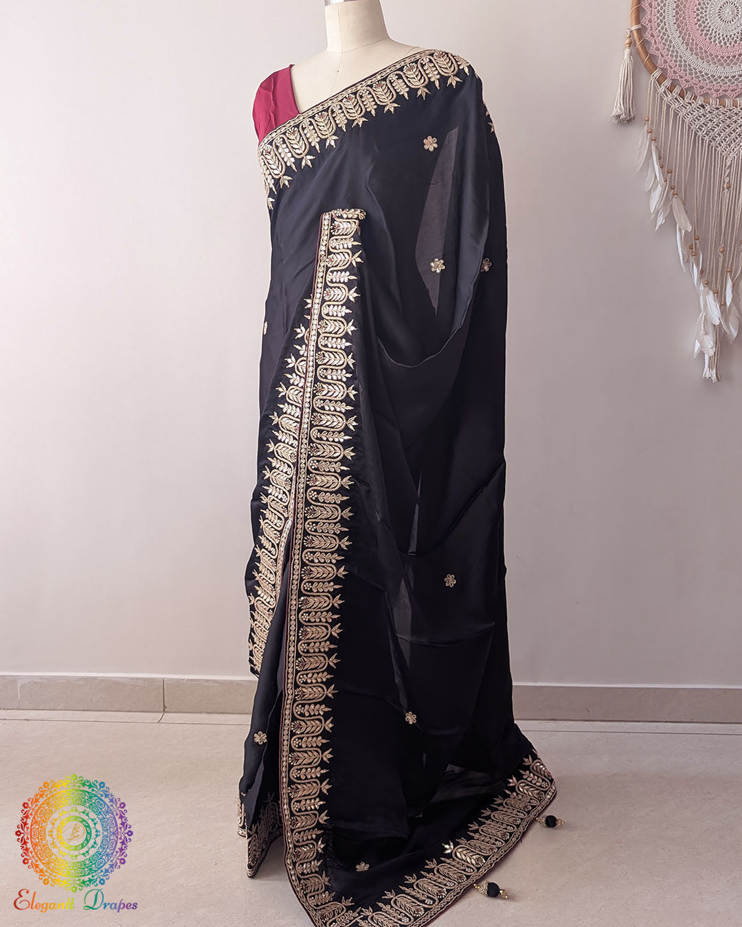 Black Satin Crepe Saree side view with Gota Patti Handwork