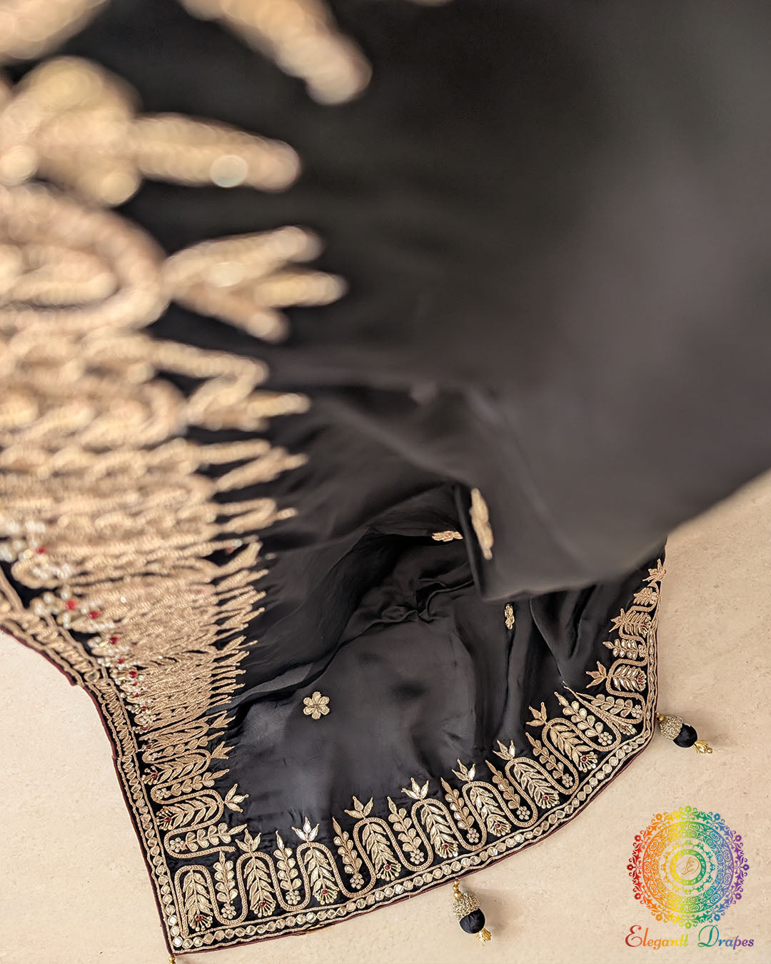 Close-up of Gota Patti and Sequin Handwork on Black Satin Crepe Saree pallu