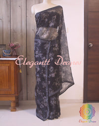 Black Floral Printed Pure Organza Cutdana Handwork Saree – Handloom Saree Online India | Elegantt Drapes