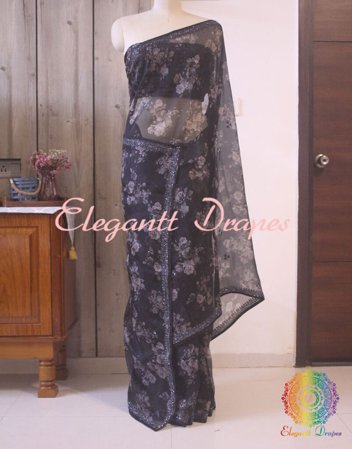 Black Floral Printed Pure Organza Cutdana Handwork Saree – Handloom Saree Online India | Elegantt Drapes
