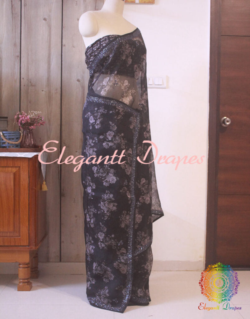 Black Floral Printed Pure Organza Cutdana Handwork Saree – Handloom Saree Online India | Elegantt Drapes