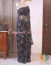 Black Floral Printed Pure Organza Cutdana Handwork Saree – Handloom Saree Online India | Elegantt Drapes