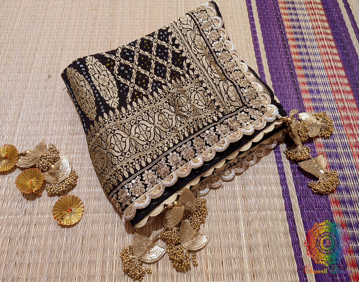 Black Banarasi Georgete Bandhani Border Dupatta – Bandhani Saree Online India | Elegantt Drapes
