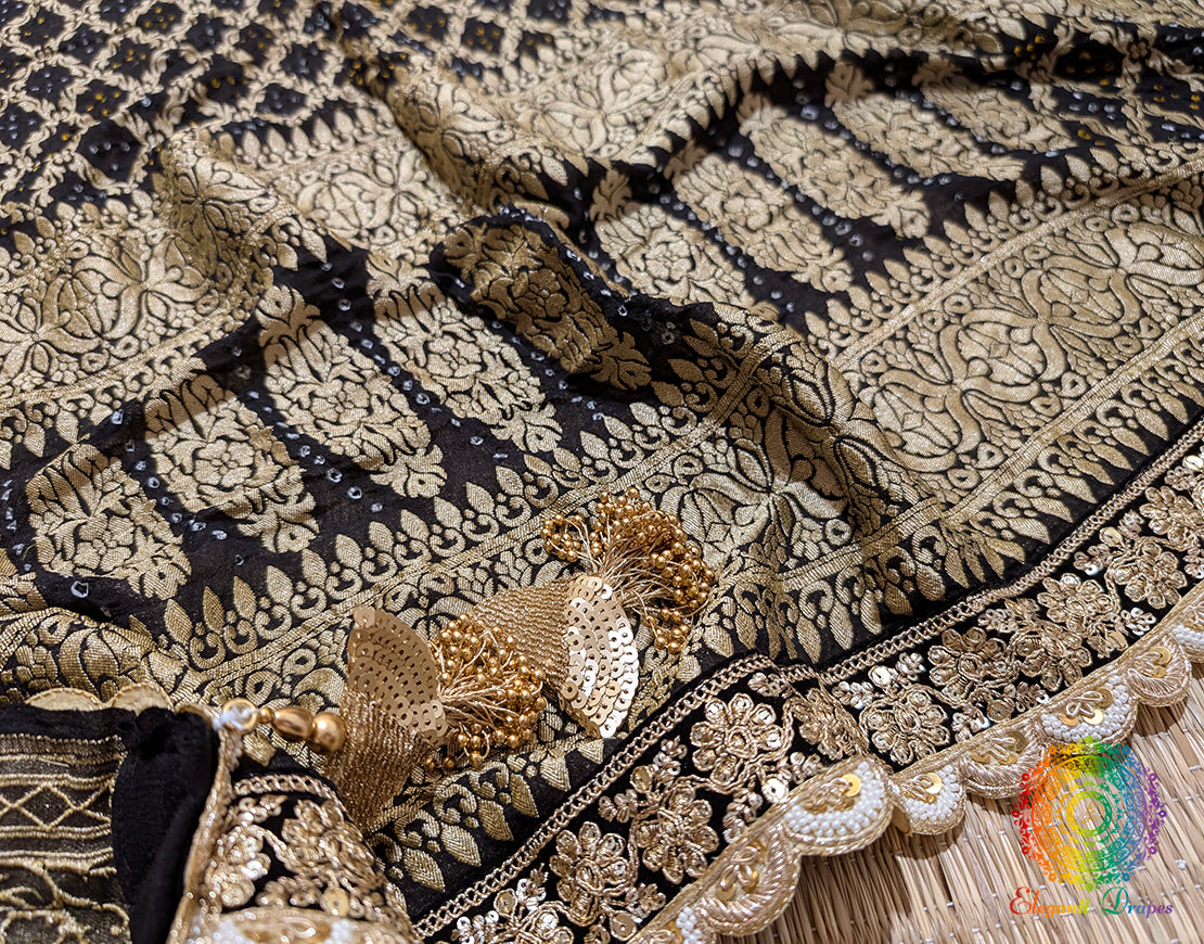 Black Banarasi Georgete Bandhani Border Dupatta – Bandhani Saree Online India | Elegantt Drapes