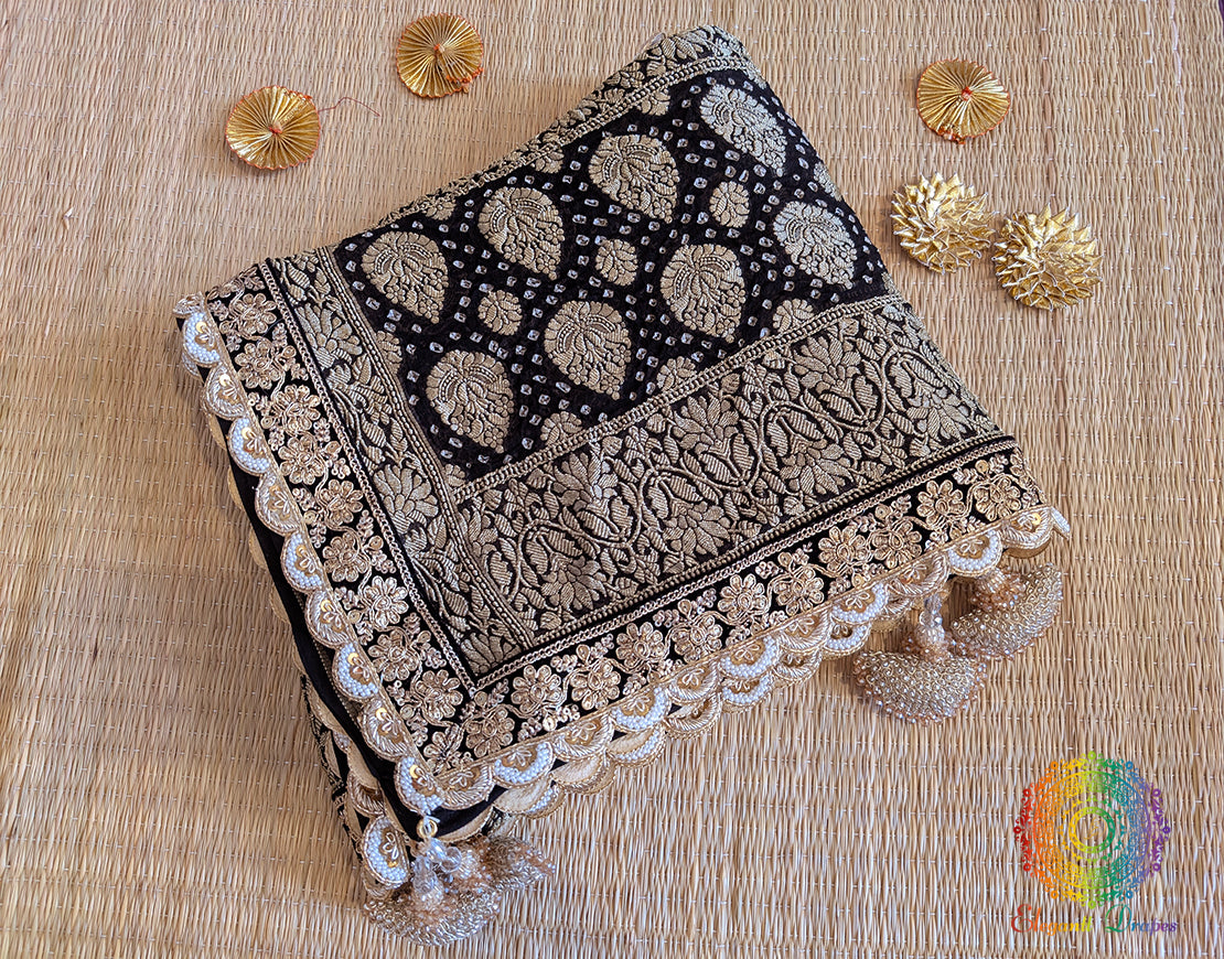 Black Banarasi Bandhani Georgette Border Dupatta – Bandhani Saree Online India | Elegantt Drapes