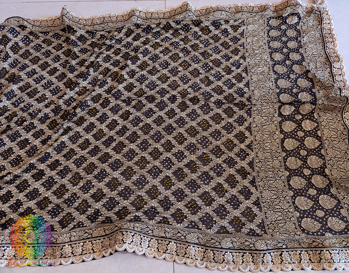 Black Banarasi Bandhani Georgette Border Dupatta – Bandhani Saree Online India | Elegantt Drapes