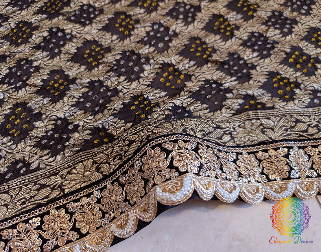 Black Banarasi Bandhani Georgette Border Dupatta – Bandhani Saree Online India | Elegantt Drapes