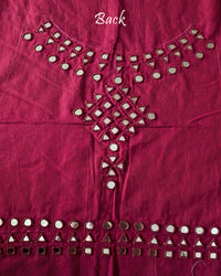 Back view of the Red Kala Cotton Kutch Mirror Handwork blouse piece, showcasing detailed traditional thread embroidery and real mirrors arranged in an intricate handcrafted design.