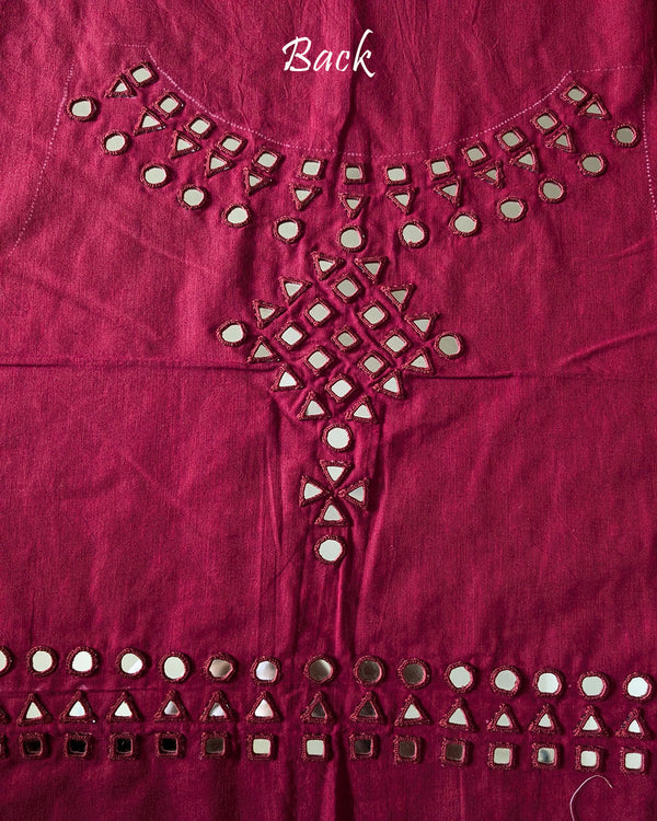 Back view of the Red Kala Cotton Kutch Mirror Handwork blouse piece, showcasing detailed traditional thread embroidery and real mirrors arranged in an intricate handcrafted design.