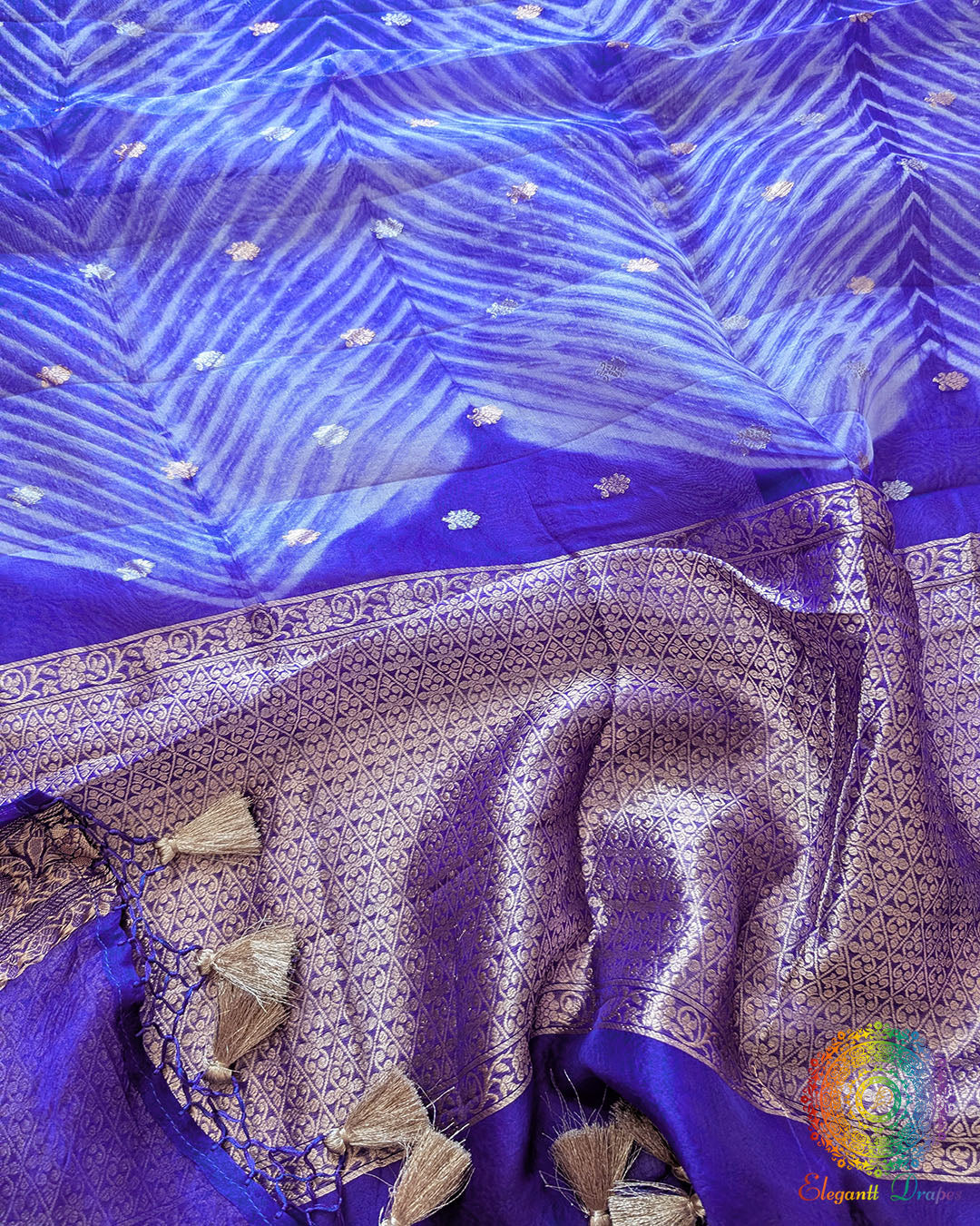 Royal Blue Leheriya Pallu on Banarasi Handloom Kora Silk Saree